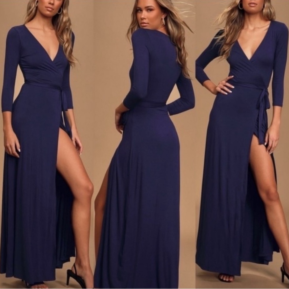 Lulus Garden District Navy Blue Wrap Maxi Dress